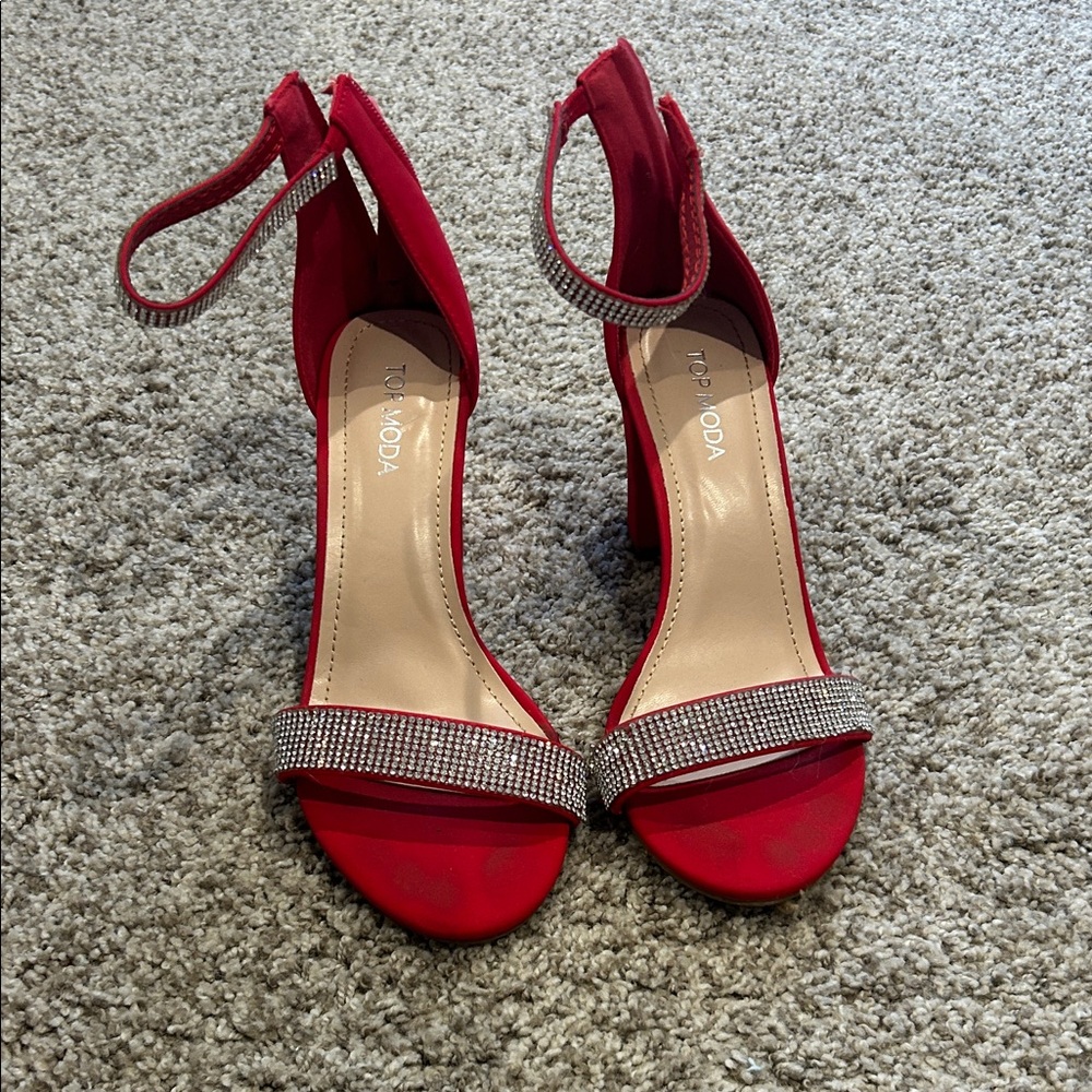 TOP Moda Red Heels with Rhinestone Straps
